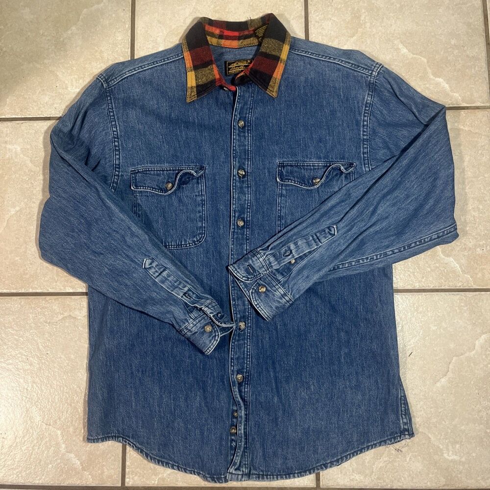 Vintage 90s Eddie Bauer Denim Button Shirt Flannel Collar Large Made in USA